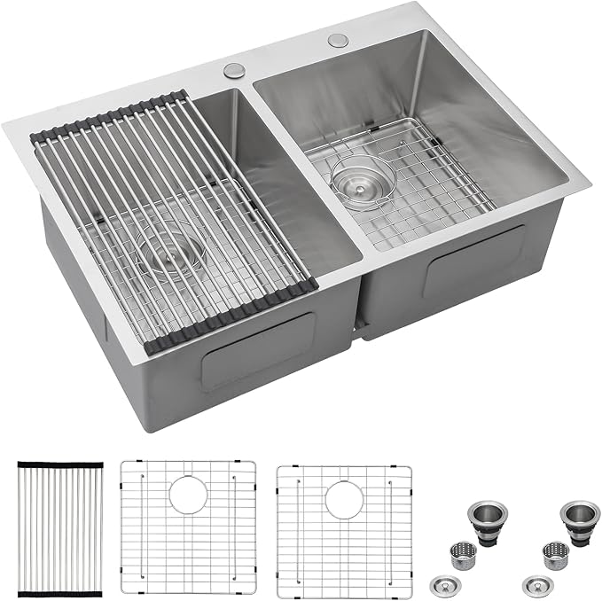 Mocoloo 33 Drop In Kitchen Sink Double Bowl 33 x 22 Drop Sink Double Bowl 50/50 T304 Stainless Steel 16 Gauge Topmount Handmade, 10 Inch Deep