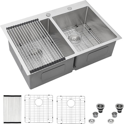 Mocoloo 33 Drop In Kitchen Sink Double Bowl 33 x 22 Drop Sink Double Bowl 50/50 T304 Stainless Steel 16 Gauge Topmount Handmade, 10 Inch Deep