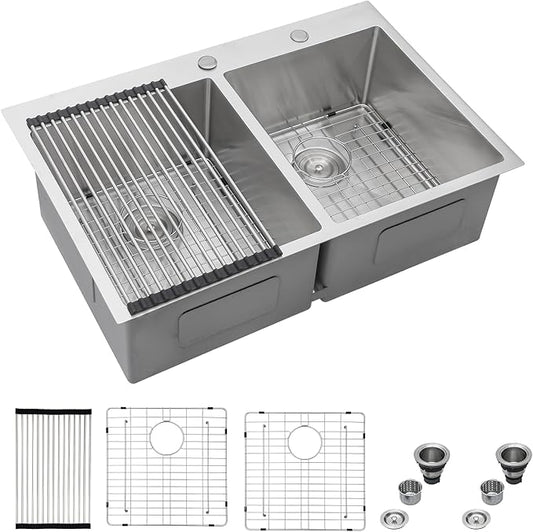Mocoloo 33 Drop In Kitchen Sink Double Bowl 33 x 22 Drop Sink Double Bowl 50/50 T304 Stainless Steel 16 Gauge Topmount Handmade, 10 Inch Deep