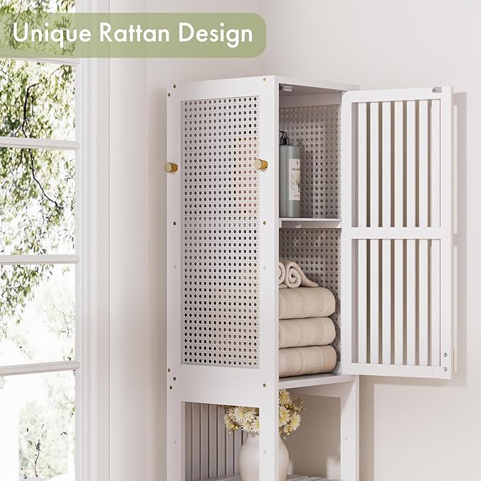 Amazer 70'' Tall Bathroom Storage Cabinet Bamboo, Slim Storage Cabinet with Rattan Door and Adjustable Shelves, Narrow Freestanding Organizer for Living Room Kitchen, White