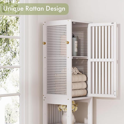 Amazer 70'' Tall Bathroom Storage Cabinet Bamboo, Slim Storage Cabinet with Rattan Door and Adjustable Shelves, Narrow Freestanding Organizer for Living Room Kitchen, White