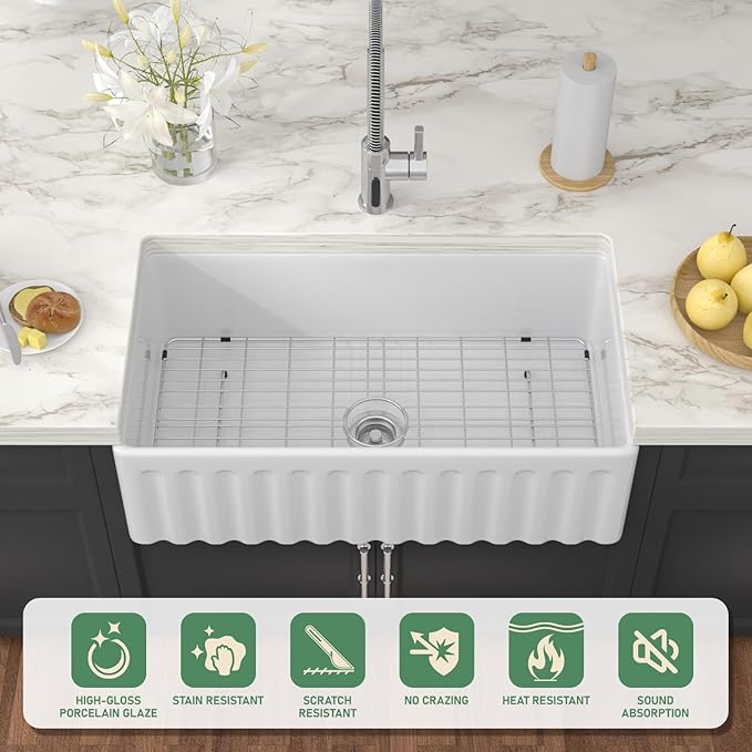 36 Inch White Farmhouse Sink Fireclay Apron Front Single Bowl Farm Sink Heavy Duty Large Deep Farm House Style Drop In Undermount Glossy WhiteSinks Basin for Kitchen 36" x 20" x 10"