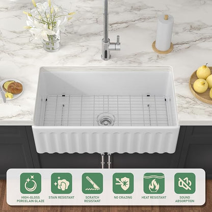 36 Inch White Farmhouse Sink Fireclay Apron Front Single Bowl Farm Sink Heavy Duty Large Deep Farm House Style Drop In Undermount Glossy WhiteSinks Basin for Kitchen 36" x 20" x 10"