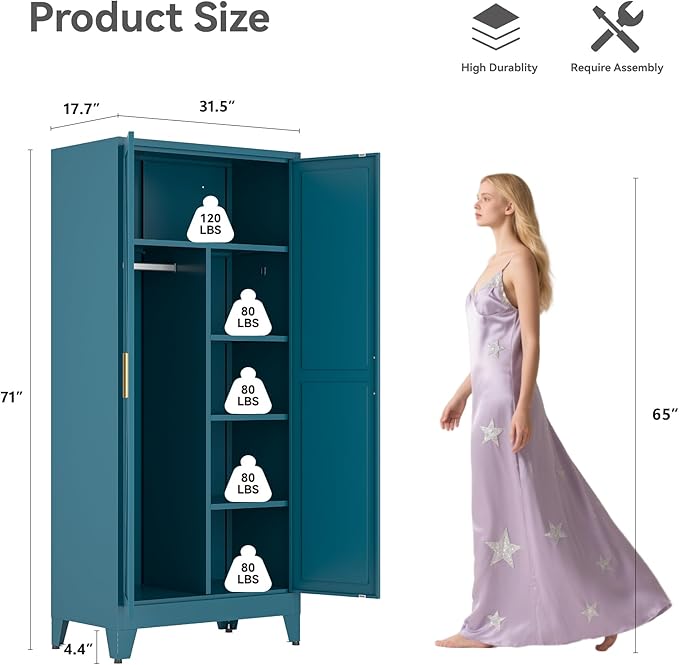 Metal Combination Cabinet, Utility Storage Cabinet with 4 Shelves, Farmhouse Pantry Closet with Doors, 71" Tall Storage Cabinets with Hanging Rod and Clothing Shelf for Hallway Laundry Mudroom