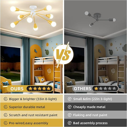 Yellow Sputnik Ceiling Light Fixture, 8-Lights Kids Ceiling Light Semi Flush Mount Ceiling Lights for Bedroom Entryway Kitchen
