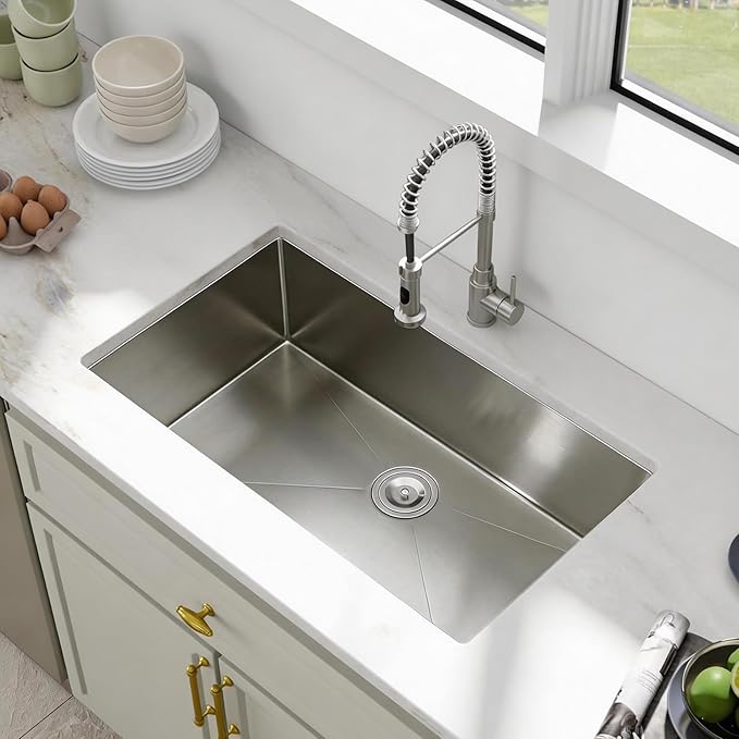 32 Inch Undermount Kitchen Sink - Fuyuoer 32x19 Inch Under Counter 16 Gauge Stainless Steel Single Bowl, 9'' Deep Basin with Round Corners