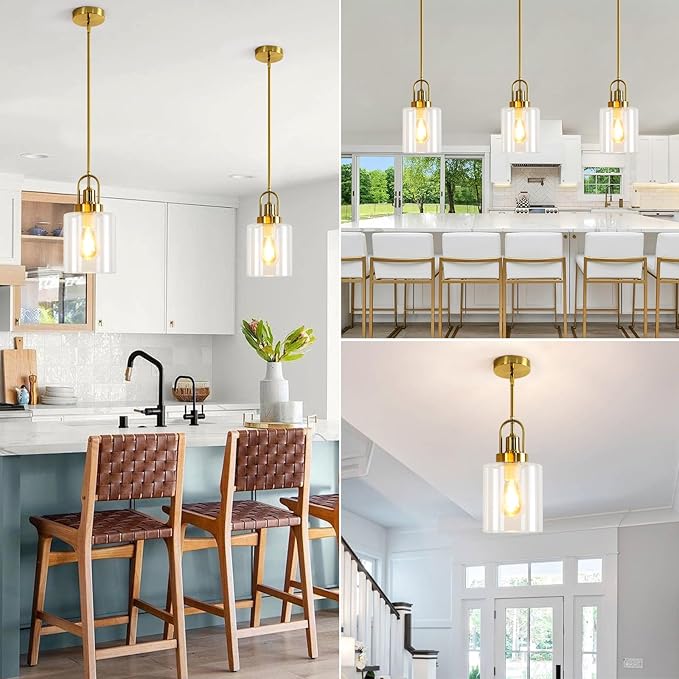 7" Modern Clean Glass Pendant Light Round Vintage Farmhouse Pendant Light Fixtures Mini Adjustable Rod Rustic Pendant Lights for Kitchen Island, Dining Room, Bedroom, Hallway, Entryway