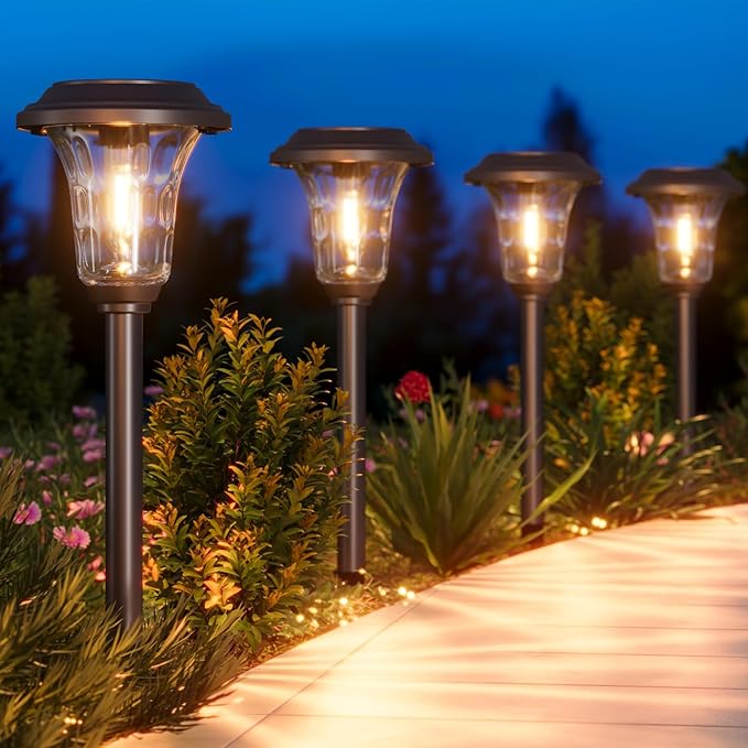 XMCOSY+ Solar Lights Outdoor Waterproof, 6 Pack Metal Glass Solar Pathway Lights, 20/40LM Bright Landscape Lighting for Garden Yard Backyard Path Driveway Walkway Outside Decor (Warm/Cool White)