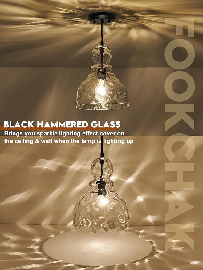 Hammered Glass Pendant Light for Kitchen Island Black Pendant Hanging Light 10inch Large Glass Pendant Lights for Kitchen Sink Dining Room Hallway Entrance, 10in, E26