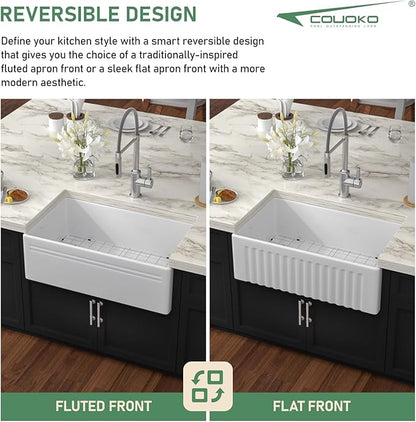White Farmhouse Sink 30 Inch Fireclay Reversible Apron Front Farm Sink 30"x18"x10" Glossy White Porcelain Farms House Style Single Bowl Farmhoues kitchen Sinks with Luxury Accessories