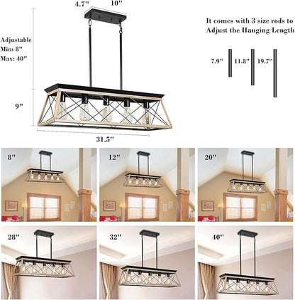 Farmhouse Chandeliers for Dining Room, Rustic Kitchen Island Light Fixture, 5-Light Linear Pendant Lighting Rectangular Chandelier, Metal Solid Ceiling Lights