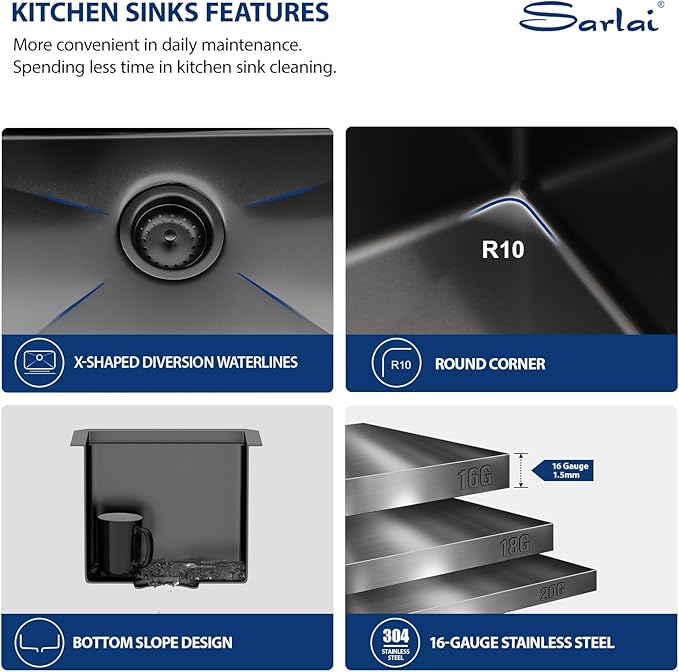 Sarlai 12 Black Bar Sink - 12 x 15 Inch Undermount Workstation Bar Prep Sink Gunmetal Black Undermount Single Bowl Small Bar Outdoor 16 Gauge Stainless Steel RV Kitchen Sinks Basin