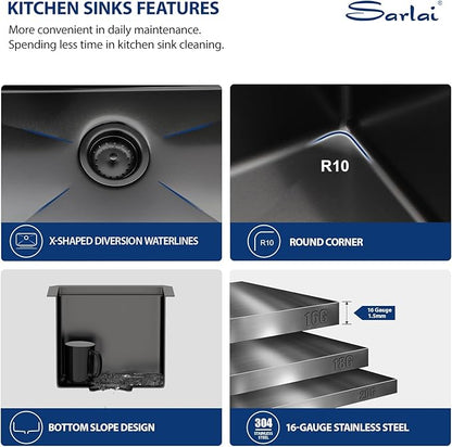 Sarlai 12 Black Bar Sink - 12 x 15 Inch Undermount Workstation Bar Prep Sink Gunmetal Black Undermount Single Bowl Small Bar Outdoor 16 Gauge Stainless Steel RV Kitchen Sinks Basin