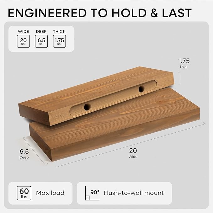 Homeforia 20 inch Golden Oak Floating Shelf, High End Solid Real Wood 20inch Small Floating Shelves for Wall Mounted, Oak Wooden 20in Floating Shelves, Heavy Duty Bracket, 20 X 6.5 X 1.75 in, Set of 2
