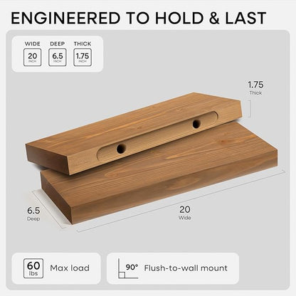 Homeforia 20 inch Golden Oak Floating Shelf, High End Solid Real Wood 20inch Small Floating Shelves for Wall Mounted, Oak Wooden 20in Floating Shelves, Heavy Duty Bracket, 20 X 6.5 X 1.75 in, Set of 3