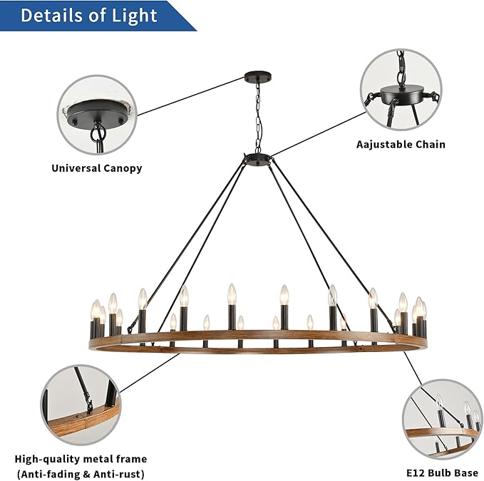 24-Light Wagon Wheel Chandelier Farmhouse, 54 Inch Large Chandeliers for High Ceilings, Modern Rustic Farmhouse Chandelier for Dining Room, Living Room, Entryway, Black&Khaki