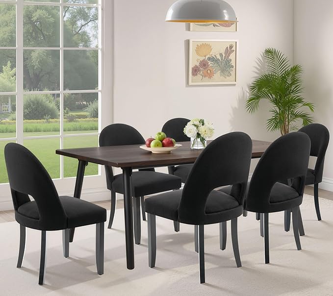 Wooden Dining Chairs Set of 6, Modern Farmhouse Upholstered Kitchen Side Chairs, Dining Room Chairs with Linen Fabric & Open Backrest, Rubberwood Legs, Black