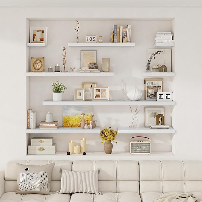 Fun Memories 12 Deep Floating Shelves for Wall, 48W x 12D Extra Large Floating Shelves Set of 2, Hanging Wood Wall Shelves for Living Room, Kitchen, Bedroom, Farmhouse, Laundry Room, Office - White