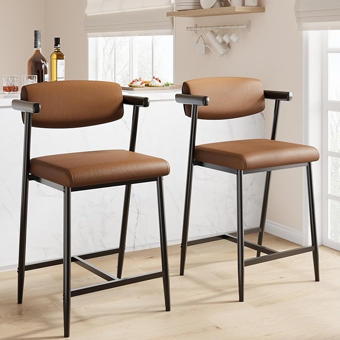GarveeHome Counter Height Bar Stools Set of 4 with Armrests, 26" Upholstered 4pcs Tall Bar Stools Set, Long Backrest & Extra Thick Cushion, Modern High Barstools for Kitchen Island, Pub, Coffee Brown