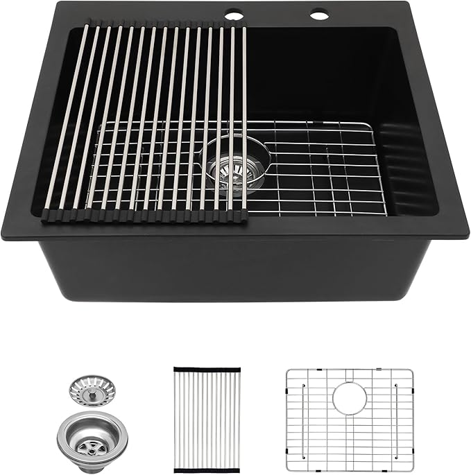 Lordear 25 Inch Black Drop In Kitchen Sink Granite Composite 25x22 Inch Quartz Black Deep Single Bowl Topmount Granite Kitchen Sinks