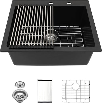 Lordear 25 Inch Black Drop In Kitchen Sink Granite Composite 25x22 Inch Quartz Black Deep Single Bowl Topmount Granite Kitchen Sinks