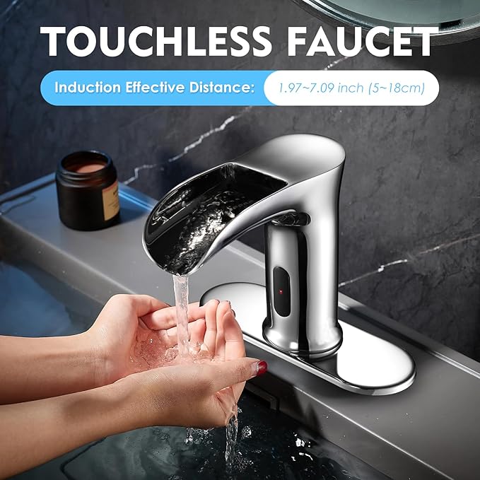 Automatic Sensor Touchless Waterfall Bathroom Sink Faucet, Modern Electronic Sensor Lavatory Faucet, Chrome Hands Free Vanity Faucets with Control Box and Temperature Mixer