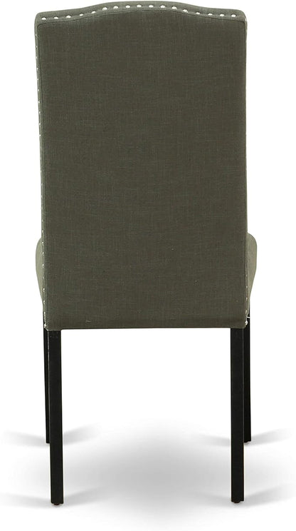 East West Furniture ENP1T20 Encinal Parson Dining Room Chairs - Nailhead Trim Dark Gotham Linen Fabric Padded Chairs, Set of 2, Black