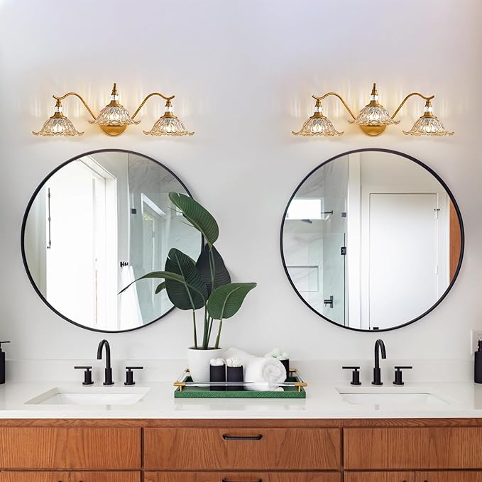 Vintage Bathroom Vanity Light Fixtures - 3 Light Antique Brass Bathroom Lights Fixture Over Mirror with Amber Flower Glass,Retro Brushed Gold Bronze Wall-Mounted Vanity Lighting for Powder Room