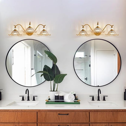 Vintage Bathroom Vanity Light Fixtures - 3 Light Antique Brass Bathroom Lights Fixture Over Mirror with Amber Flower Glass,Retro Brushed Gold Bronze Wall-Mounted Vanity Lighting for Powder Room