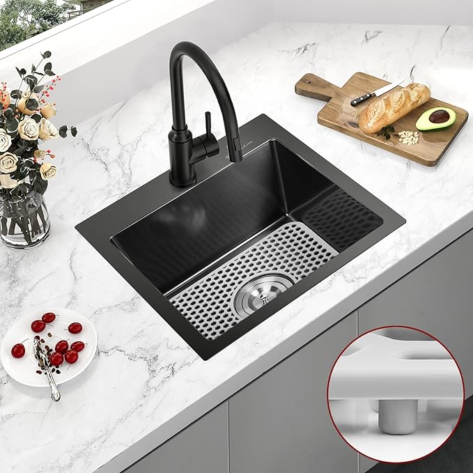 17 x 15 Inch Drop in Kitchen Sink Top mount Bar Sink 16 Gauge Stainless Steel Single Bowl Workstation with Sink Protector (Black)