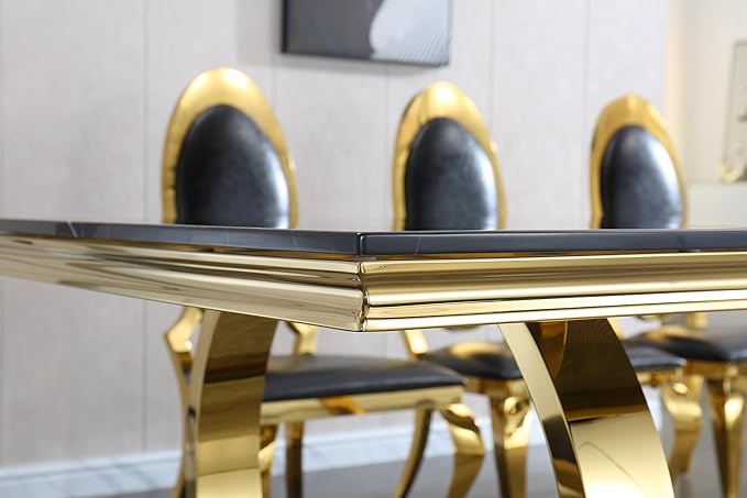 Black Marble Dining Table for 4 6, 70" Dining Room Table with Gold Stainless Steel Frame, Modern Kitchen & Dining Room Tables Rectangle Faux Marble Dinning Dinner Table for 4 6