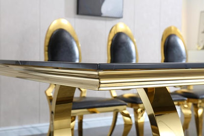 Black Marble Dining Table for 4 6, 70" Dining Room Table with Gold Stainless Steel Frame, Modern Kitchen & Dining Room Tables Rectangle Faux Marble Dinning Dinner Table for 4 6