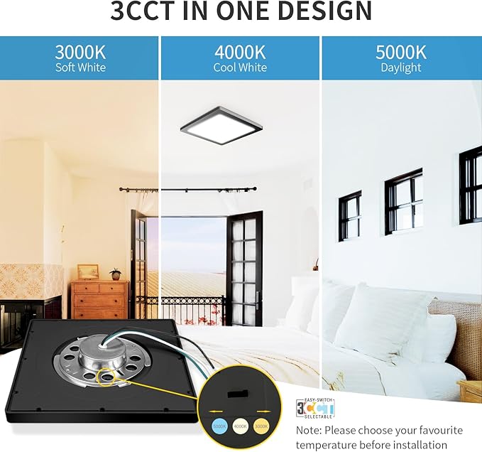 9 Inch Square Black Ceiling Light, 18W, 120V, 3000K/4000K/5000K Adjustable, Dimmable Slim LED Ceiling Light, Low Profile Fixtures for Bedroom, Kitchen, Hallway, Laundry, ETL Listed, Each Side is 8.43"