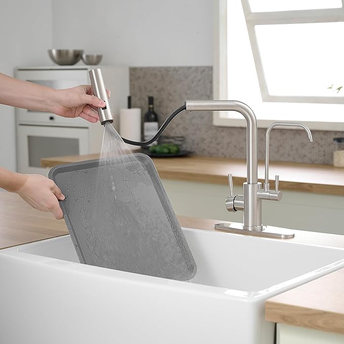 Kitchen Faucets with Water Filter and Pull Down Sprayer,Waterfall Kitchen Sink Faucet,Two Handle Sink Faucet with Pull Down Sprayer for 3 Function,Without Water Filtration Device,Brushed