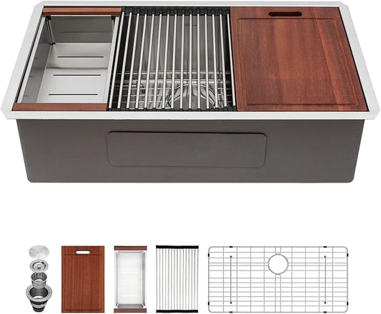 Sarlai 36 Inch Undermount Kitchen Sink Workstation Single Bowl 16 Gauge Stainless Steel Under Counter Kitchen Sinks Large Basin with Round Corners 36x19x10 In