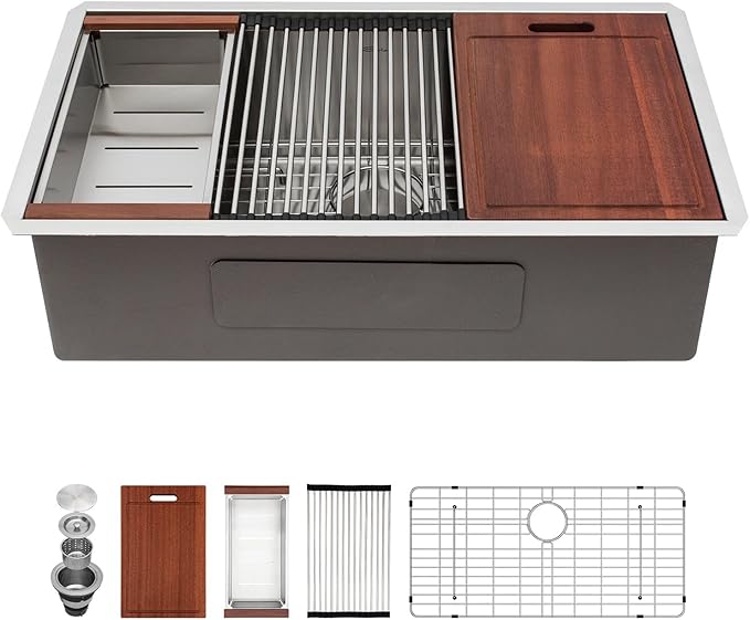 Sarlai 33 Kitchen Sink Undermount - 33 x 19 Inch Undermount Sink Ledge Workstation Deep Single Bowl 16 Gauge Stainless Steel Under Counter Kitchen Sinks Basin