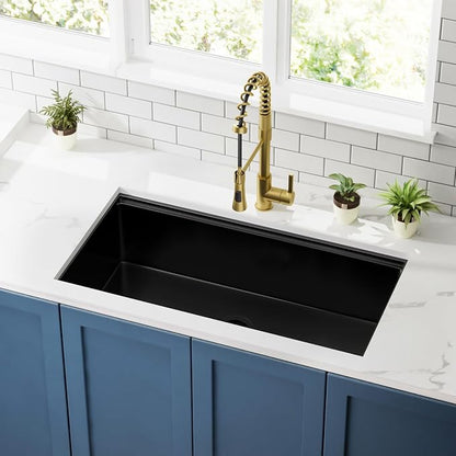 CELAENO 36 inch Black Stainless Steel Undermount Kitchen Sink, 36x19 Handmade 16 Gauge Single Bowl Workstation Sink, 10 Inch Deep Modern Kitchen Basin is equipped with various accessories