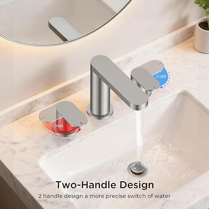 QFN Brushed Nickel Bathroom Faucets 3 Hole, 8 inch Widespread Bathroom Faucet with Pop Up Drain and 24" cUPC Supply Hoses, Lead-Free Two Handles Suitable for 6-12 Inch RV, Restroom, Vanity Sink