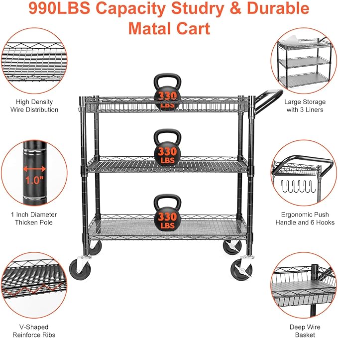 BolDuck Heavy Duty Utility Cart, 990Lbs Capacity 3 Tier Rolling Carts with Wheels, Kitchen Cart on Wheels with Storage, Commercial Grade Metal Serving Carts with Wire Shelving &Handle Bar, Black