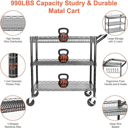 BolDuck Heavy Duty Utility Cart, 990Lbs Capacity 3 Tier Rolling Carts with Wheels, Kitchen Cart on Wheels with Storage, Commercial Grade Metal Serving Carts with Wire Shelving &Handle Bar, Black