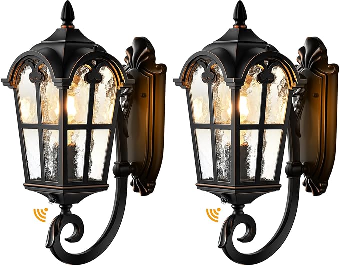 VIANIS 2 Pack Outside Lights for House Dusk to Dawn, Black Exterior Light Fixture Wall Mount, Anti-Rust Modern Outdoor Sconce Lantern with Rippled Glass for Front Porch, Garage, Hardwired, Non-Solar