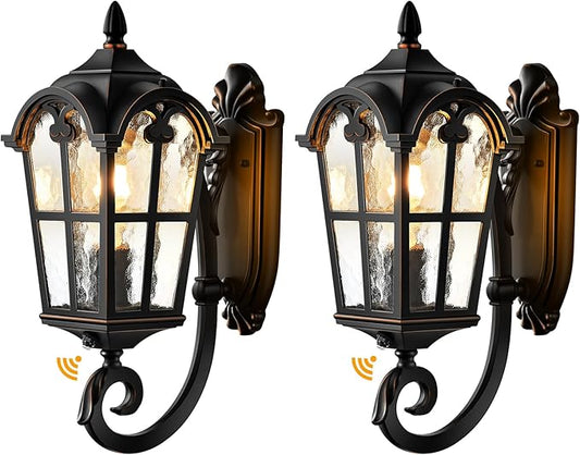 VIANIS 2 Pack Outside Lights for House Dusk to Dawn, Black Exterior Light Fixture Wall Mount, Anti-Rust Modern Outdoor Sconce Lantern with Rippled Glass for Front Porch, Garage, Hardwired, Non-Solar
