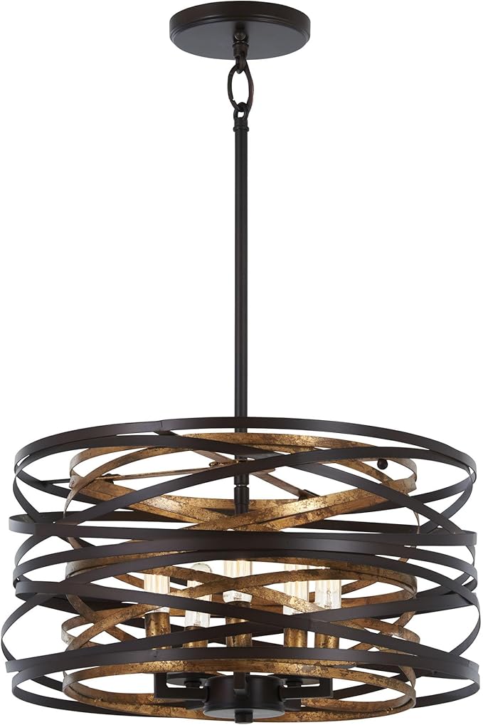 Minka Lavery 4675-111 Vortic Flow Convertible Pendant to Semi-Flush, 5-Light, 300 Total Watts, 16-in H x 9-in W, Dark Bronze with Mosaic Gold Interior
