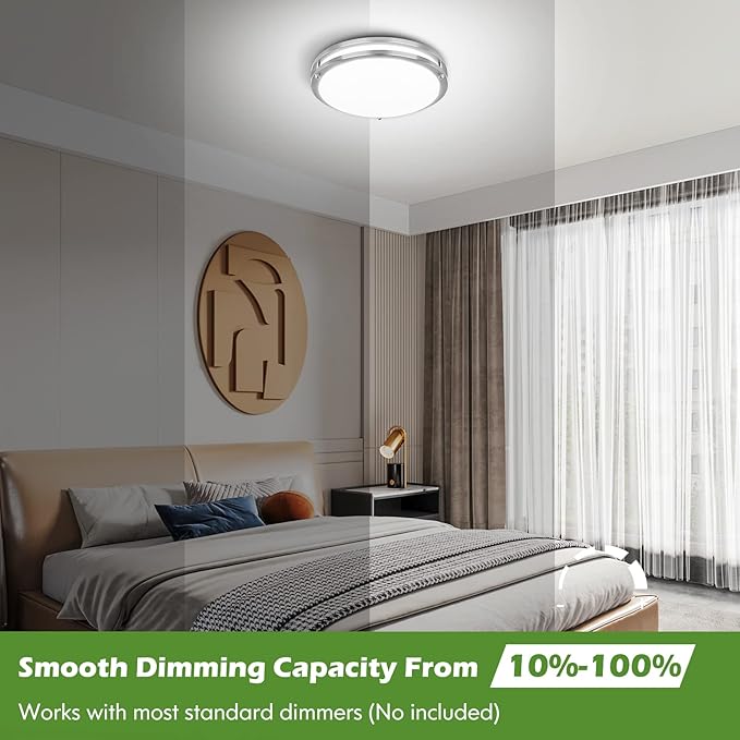 GoBright 18IN 50W LED Flush Mount Ceiling Light, 5600lm Bright Dimmable LED Ceiling Light Fixture, 2700K-6500K Adjusted, Modern Kitchen Light Fixture for Living Room Bedroom, Brushed Nickle, 1-Pack