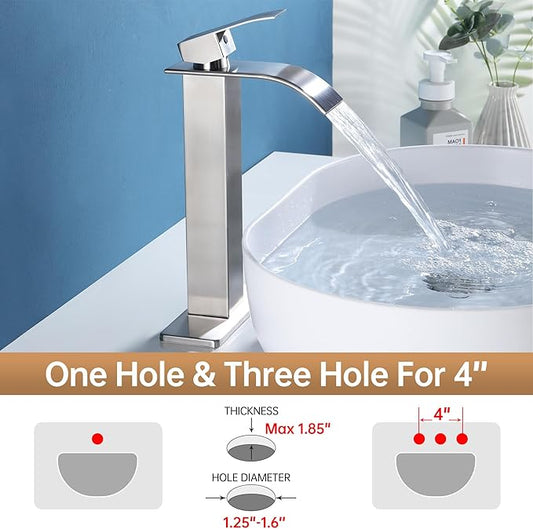 Fransiton Tall Vessel Sink Faucet Brushed Nickel Faucet for Bathroom Sink Tall Waterfall Bathroom Faucet Single Handle 1 or 3 Hole Wash with Pop-up Drain