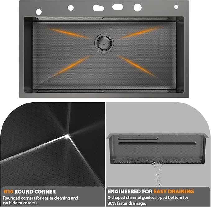 Mocoloo 33 Inch Black Honeycomb Waterfall Kitchen Sink Drop in, 33x19 Inch Stainless Steel Workstation Sink 16 Gauge Topmount Single Bowl LED Display Sink with Complete Kit