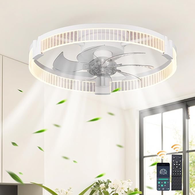 Garwarm Ceiling Fans with Lights，19.7" Ultra Low Profile Ceiling Fan with Light and Remote, Dimmable 3000K–6000K LED Fandelier Flush Mount, DC Motor, for Bedroom, Kitchen, Office