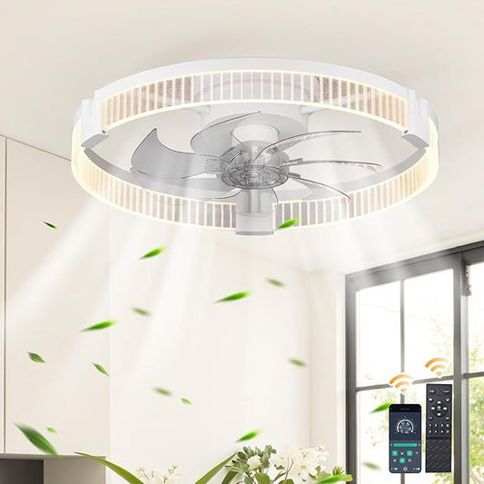 Garwarm Ceiling Fans with Lights，19.7" Ultra Low Profile Ceiling Fan with Light and Remote, Dimmable 3000K–6000K LED Fandelier Flush Mount, DC Motor, for Bedroom, Kitchen, Office