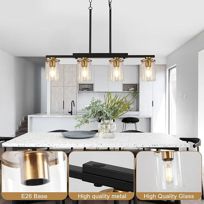4-Light Kitchen Island Lighting,Dining Room Lights Modern Farmhouse Chandelier with Clear Glass Shade,Modern Rustic Black and Gold Metal Chandelier, Kitchen Pendant Light Fixtures Over Table