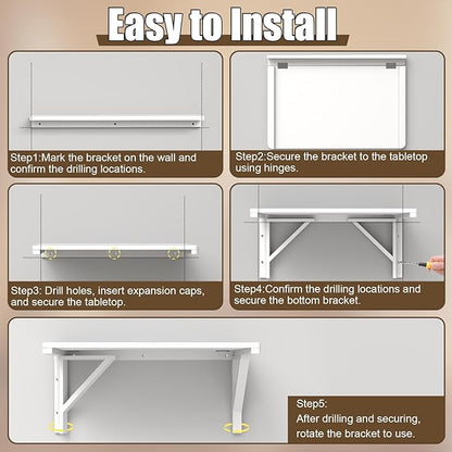 MM MELISEN Wall Mounted Folding Table, 29.5"L x 19.6"W, White, Space-Saving Design